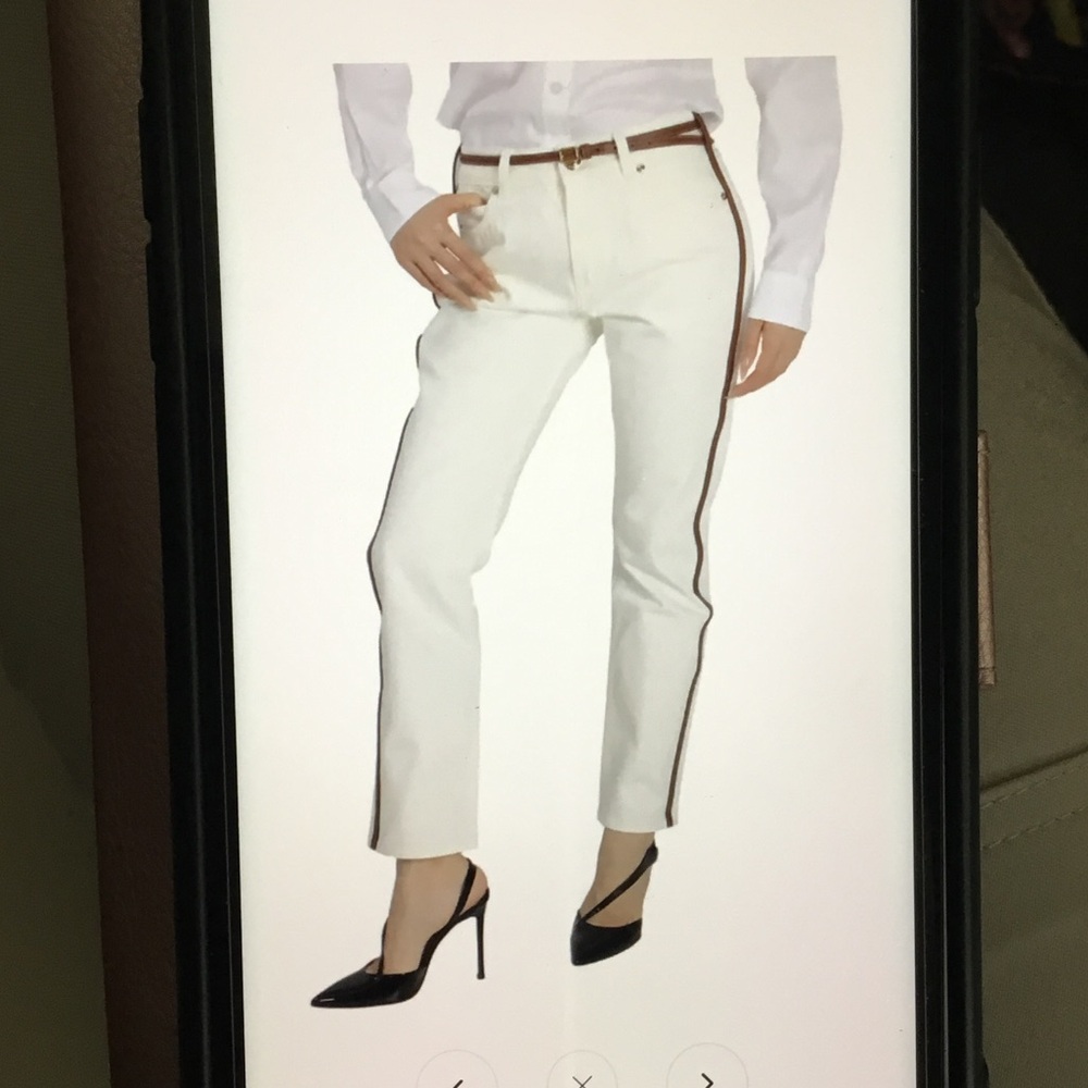 Burberry-Ivory Cropped Jeans with Leather Brown Side Stripe and Belt NWT